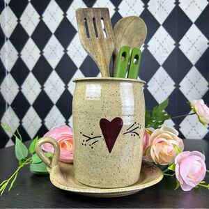 Studio Pottery Crock for Kitchen Utensils 6” + Underplate| Farmhouse Primitive